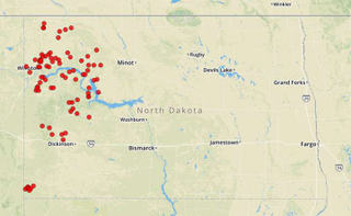 A screengrab from the study’s interactive map shows a decade’s worth of spills of more than 5,000 gallons of pollutants from pipeline leaks at North Dakota hydraulic fracturing sites. (Image: Science for Nature and People Partnership)